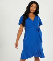 QUIZ Curves Bright Blue Frill Wrap Dress